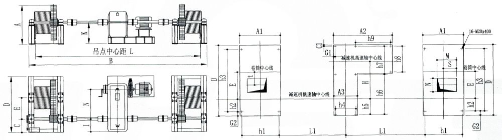QH單繩三支點(diǎn)系列弧形門卷揚(yáng)式啟閉機(jī)外形及基礎(chǔ)布置示意圖.jpg